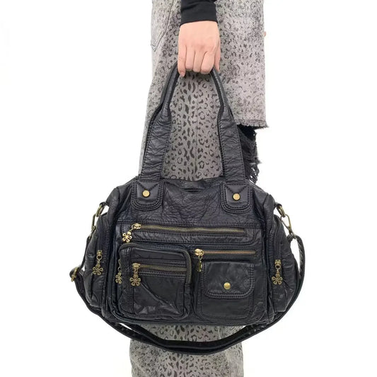 Y2K women's personalized washed used motorcycle tote bag with large capacity and multiple pockets, vintage crossbody bag