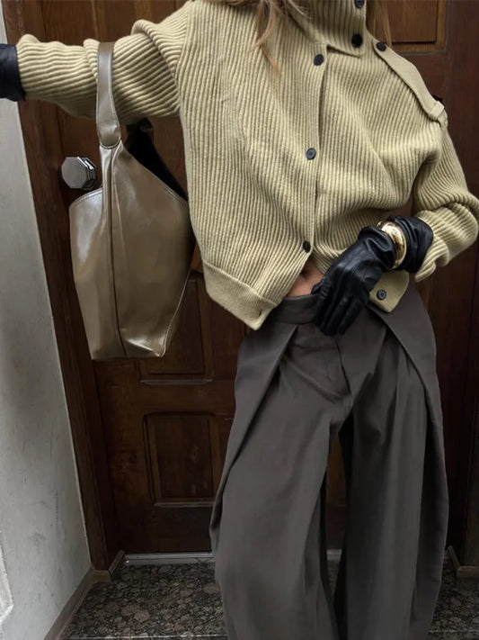 Women Solid Stand Neck Knitted Cardigan Casual Elegant Full Sleeve Fit Short Sweater 2026 Lady Winter Daily Commuting Knitwear