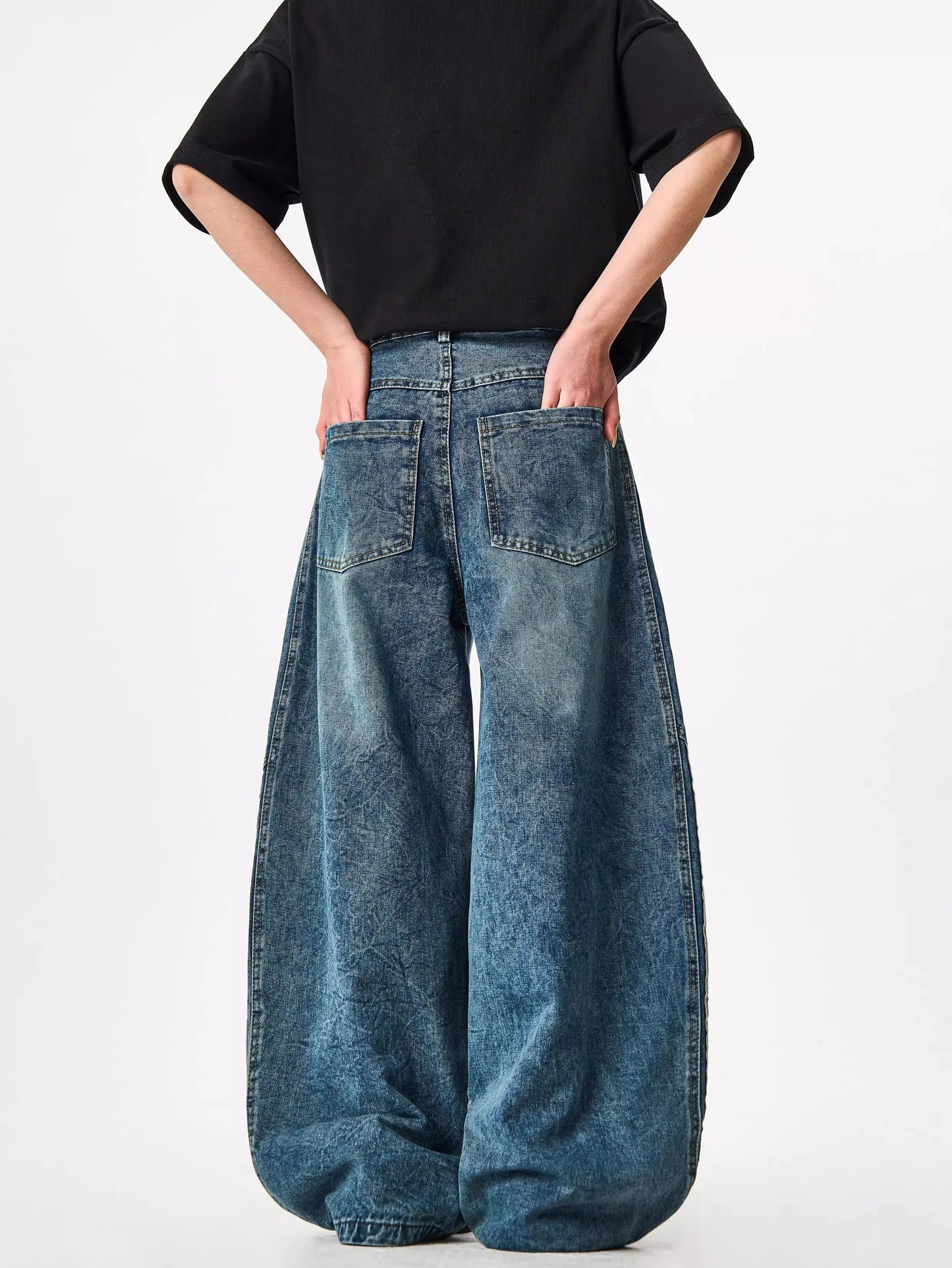Women Wide Leg Jeans Vintage Y2K Reconstruction Custom Distressed Wash Stripe Denim Pants Trendy Comfort Fit