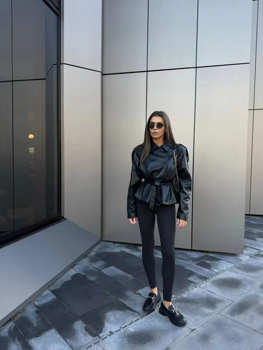 ETJ autumn new women's fashion belt imitation leather long sleeve short trench coat casual leather coat