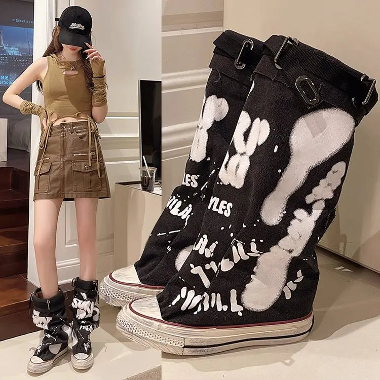 Women Canvas Sneakers Flats Designer Mid Calf Snow Boots Fashion Shoes Woman Trend New Punk Chelsea Boots Lady Shoes