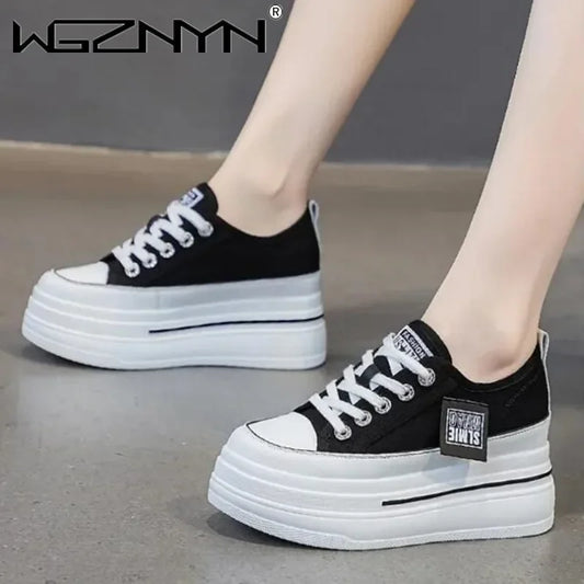 Vulcanized Platform Sneakers Wedge Shoes Non-slip Casual Shoes Women Autumn Lace-up Comfort Denim Canvas Shoes Thick Sole