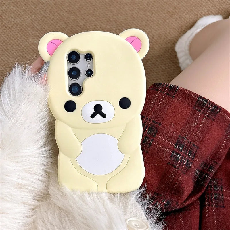 3D Cartoon Rilakkuma Bear Kawaii Phone Case For Samsung Galaxy S25 S24 S23 S22 Ultra S25 S24 S23 Plus Soft Silicone Back Cover