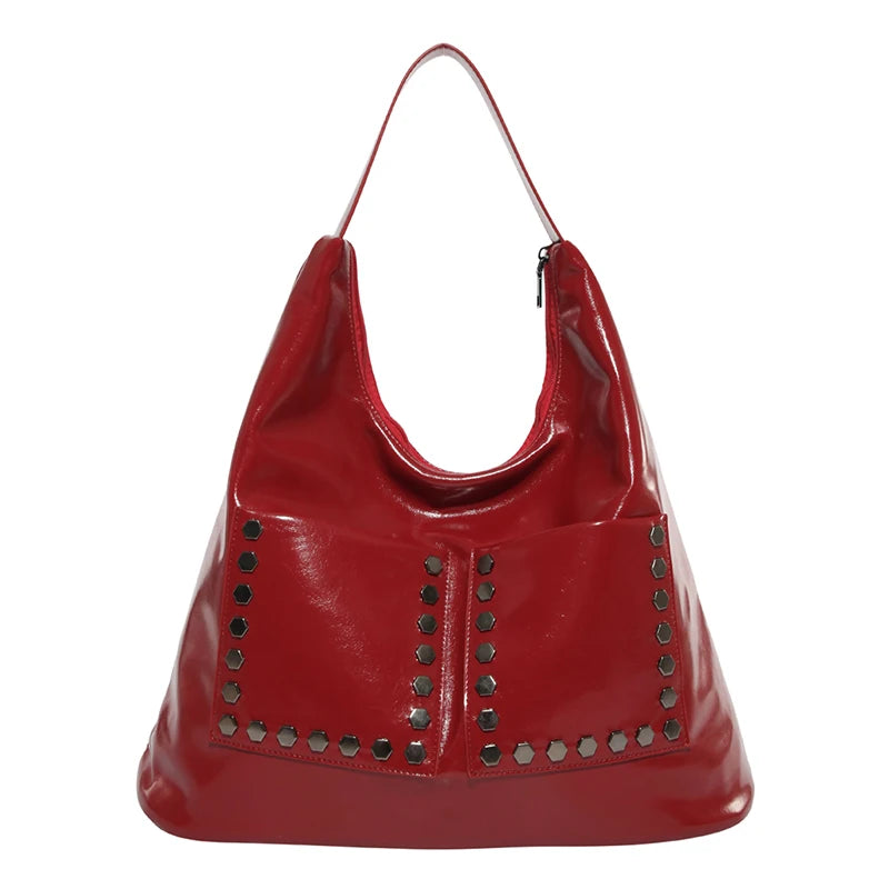 Retro Rivet Ladies Underarm Bag Fashion Girls Trend PU Leather Shoulder Bag Simple Design Style Large Capacity Women's Tote Bag