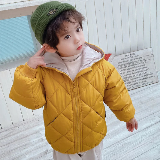 Boys Girls Warm Jacket Autumn Winter New Solid Color Lining Plush Thick Hooded Zipper Coats For 3-8Y Kids Cotton Down Outerwer