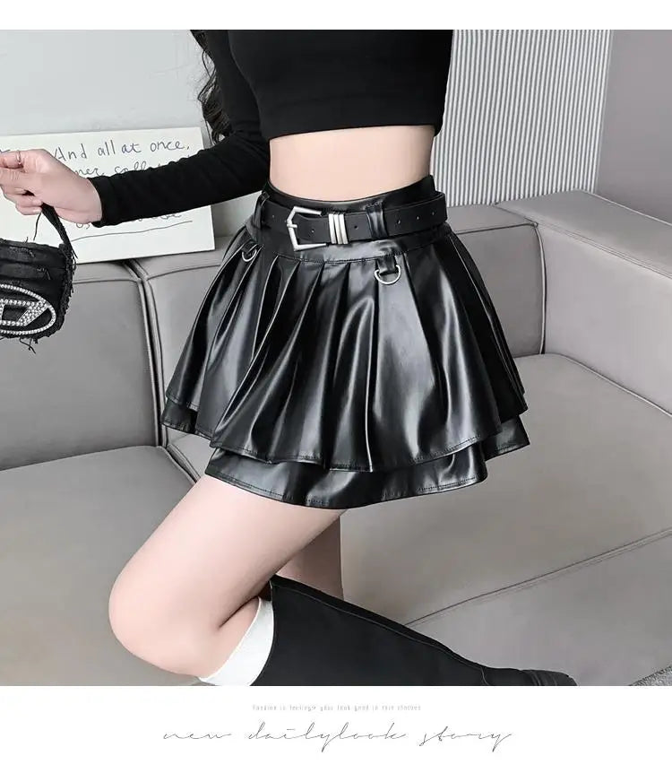 New Silvery High Waist Slim A-line Short Puffy Skirt Black With Belt Pleated Pu Leather Ball Gown Skirt Women