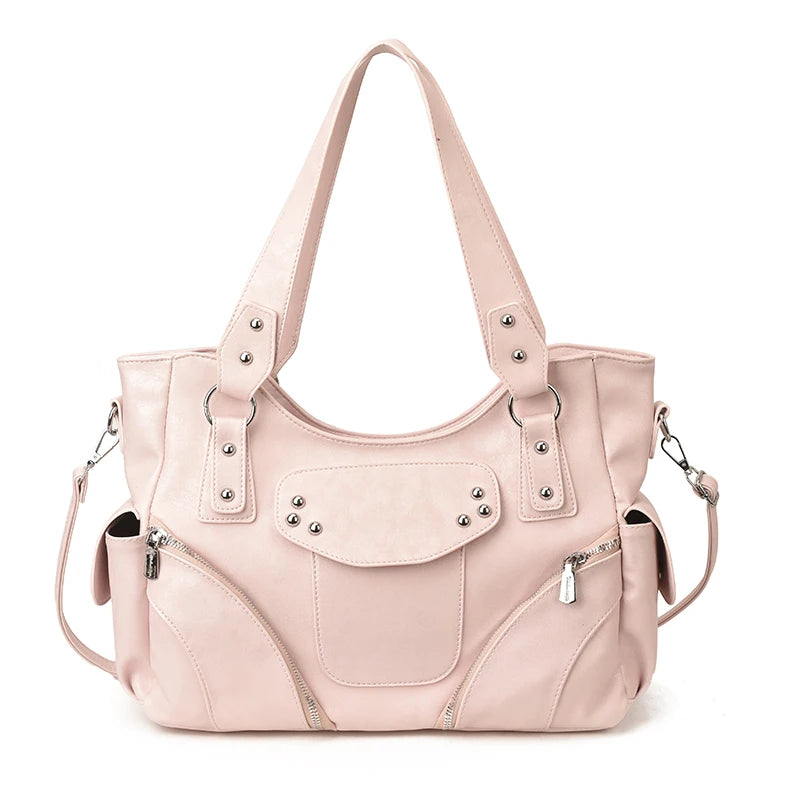 PU Solid Color Rivet Zipper Casual Tote 2026 High Quality Light Luxury Versatile Bags Motorcycle Style Fashion Cool Shoulder Bag