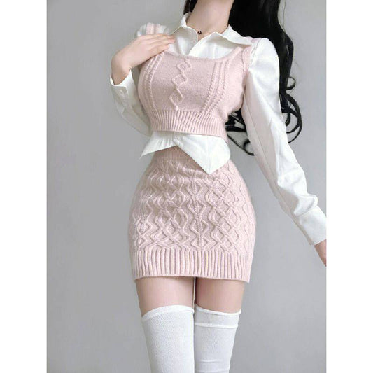 Niche Bandage Dress Sweater Vest Hot Girl Hip Skirt Autumn Suit Women