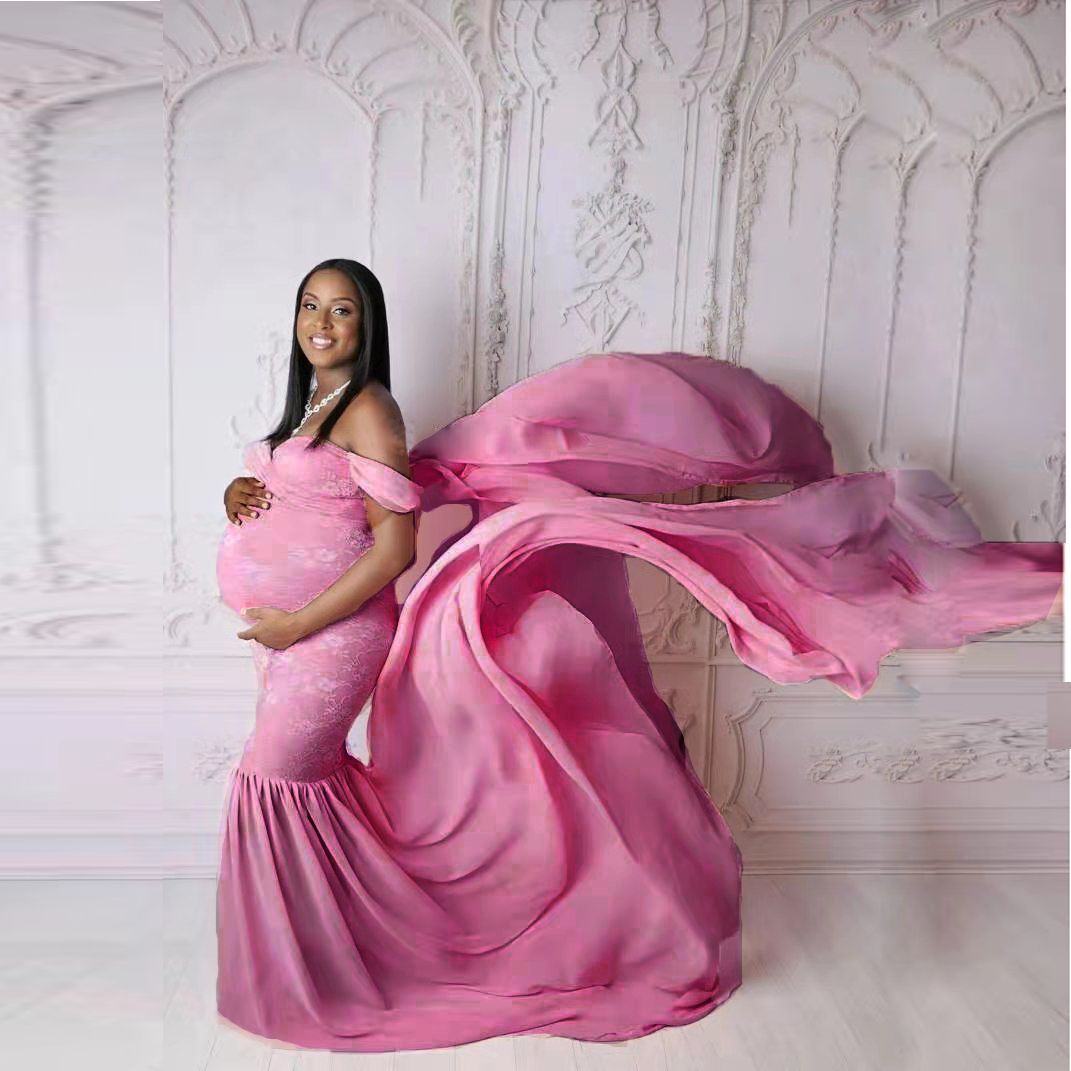 Mercerized Cotton And Chiffon Maternity Fluttering Sleeves Long Dress