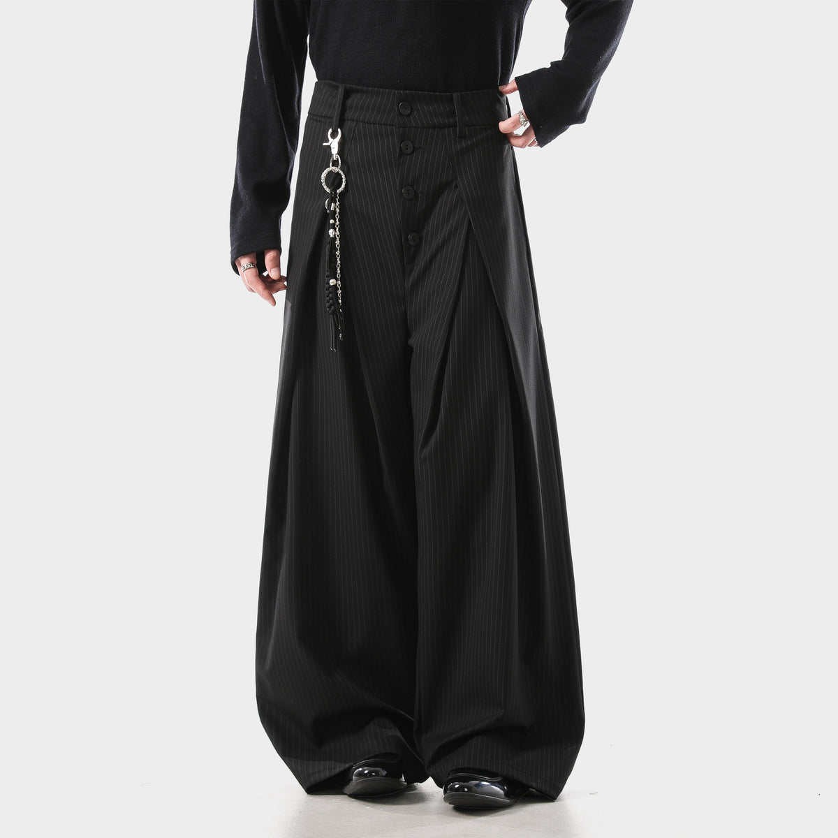 Retro Pleated Striped Button Suit Pants