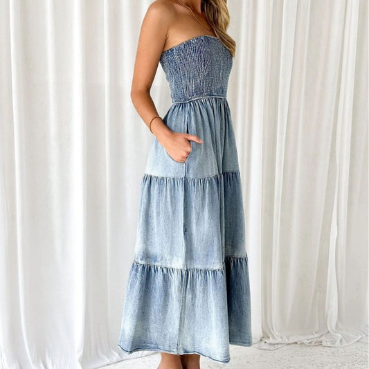 Women's Summer Elegance Hem Stitching Side Cake Denim Long Skirts