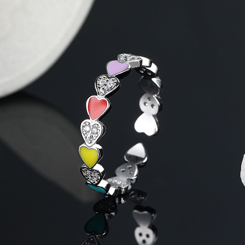 S925 Pure Silver Luxury Sweet Love Rainbow Enamel Ring Girl