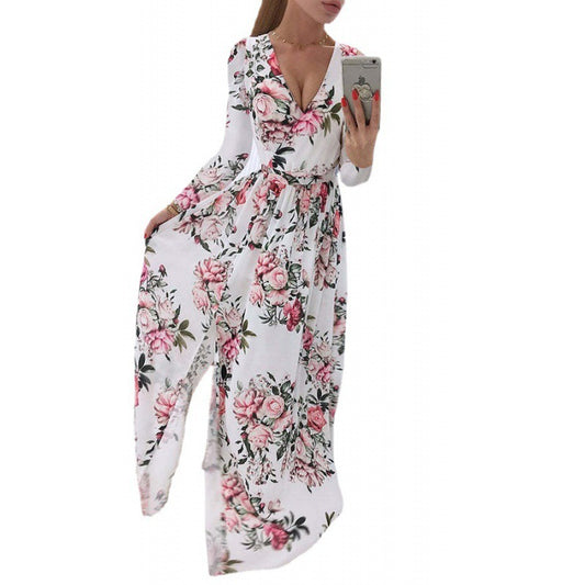 Long Sleeve Chiffon Printed Bohemian Dress Women