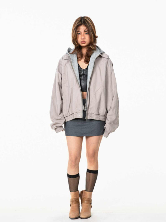 Fake Two Pieces Hooded Workwear Coats Female Cropped Jacket