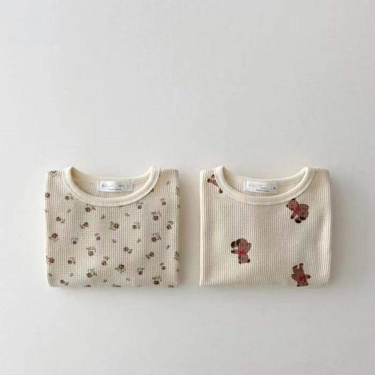 Infant And Toddler Cartoon Bear Floral Waffle Round Neck Top