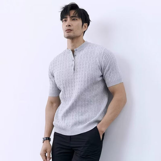 Simple And Slim-fit Round-neck High-end Casual Knit Short-sleeve Shirt For Men
