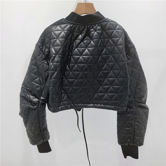 Short Quilted Leather Motorcycle Jacket Women