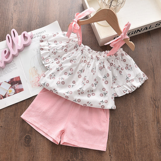 Floral Two-piece Suit Girls Toddler Suspender Suit Pants