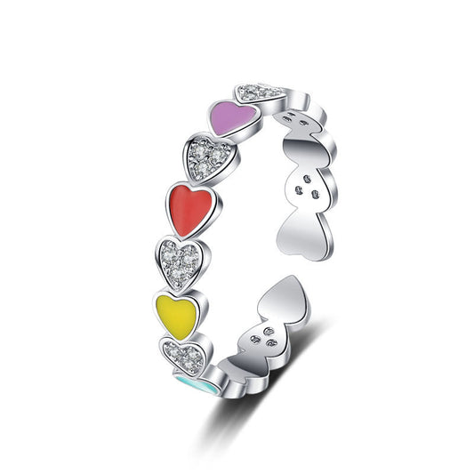 S925 Pure Silver Luxury Sweet Love Rainbow Enamel Ring Girl