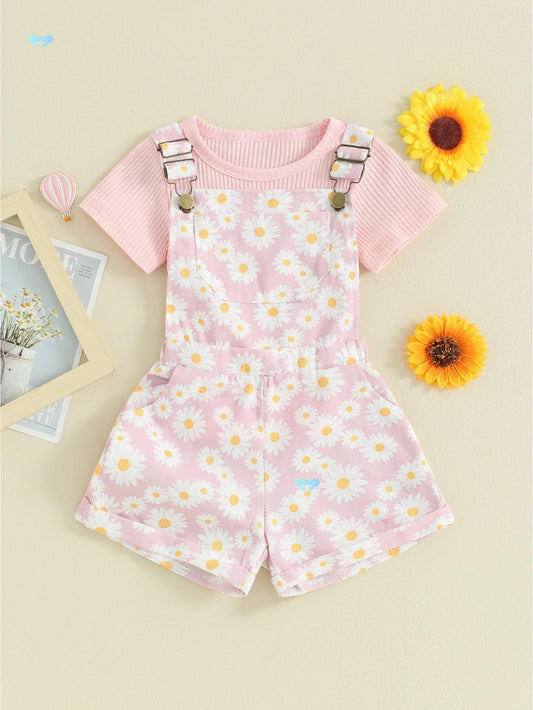 Toddler Girl Shorts Outfit Solid Color Ribbed Short Sleeve