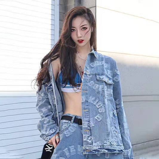 Women's Fashion Loose Jacket Denim Pants Set