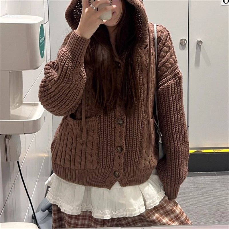 Fall Winter Hooded Knitwear Coat For Women Thickened Single-breasted Knitwear Top For Women