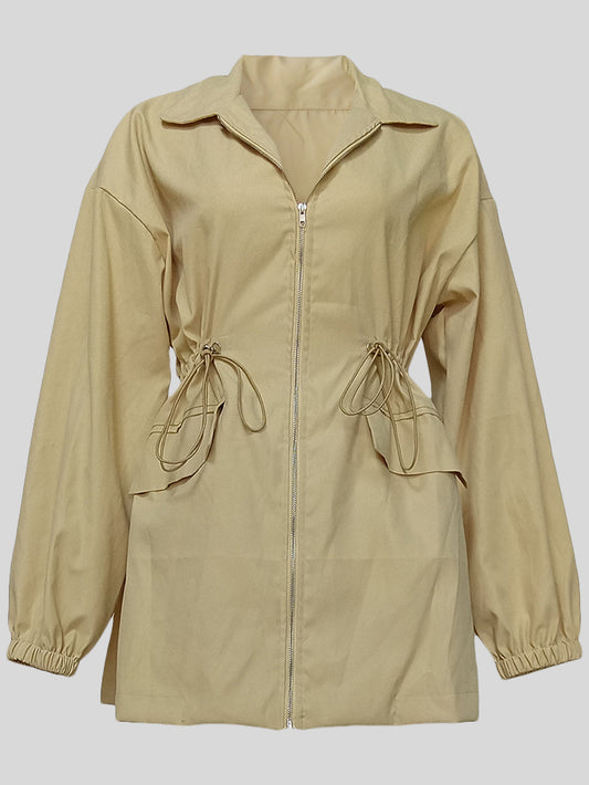 Drawstring Waist Mid-length Trench Coat For Women