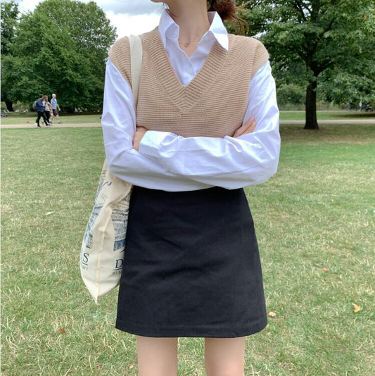 Women's Japanese Sweater Vest Women's Solid Color V-neck Loose Knit Vest Vest Women