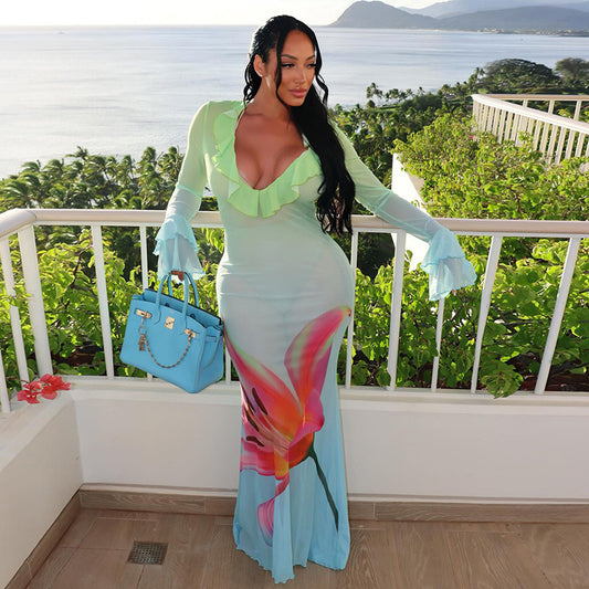 Printed Mesh Long Sleeve Ruffles Long Dress Women