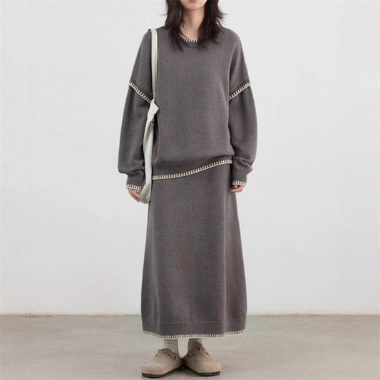 Color-contrasting Stripe Skirt Two-piece Set Idle Style Loose Pullover Sweater Set Women