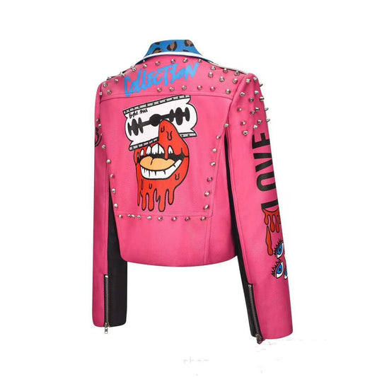 New Letter Motorcycle Printing Rivet Short Street Leather Coat For Women