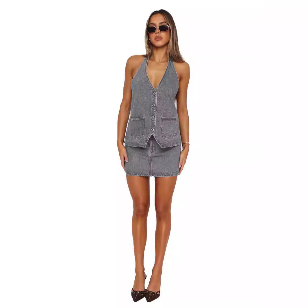 Female V-neck Sleeveless Casual Denim Vest Only Selling Vests, Not Including Skirts