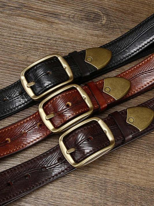 3.8CM Wide Thick Double-sided Cowhide Brass Buckle Belt