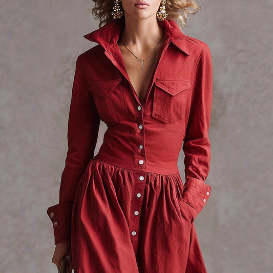 Retro Solid Color Long Dress For Women