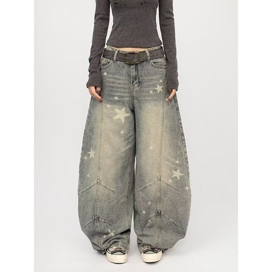 Vintage Washed Distressed Gray Splatter Curved Knife Jeans For Men