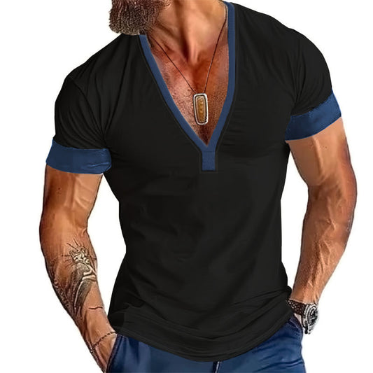 Short Sleeve Casual Men's V-Neck Large Size Striped T-Shirt Top