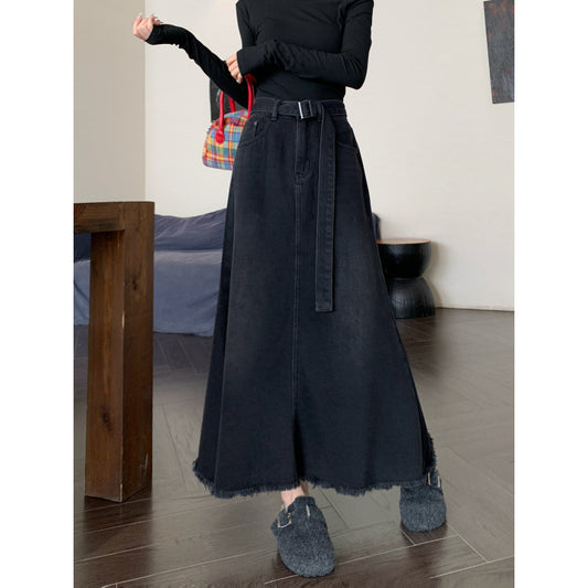 Washed Denim Long Skirts Tall Skirt