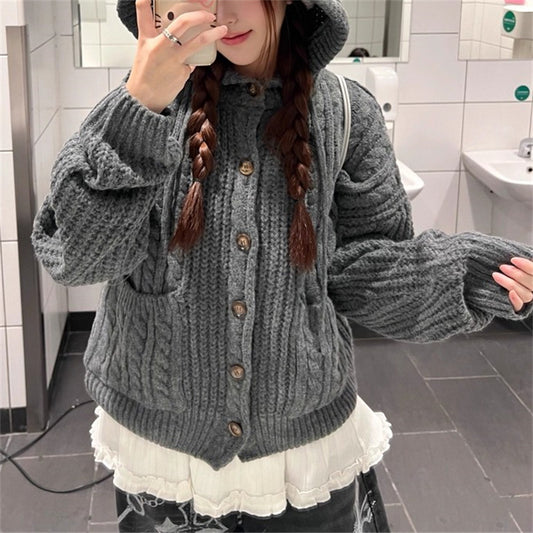 Fall Winter Hooded Knitwear Coat For Women Thickened Single-breasted Knitwear Top For Women