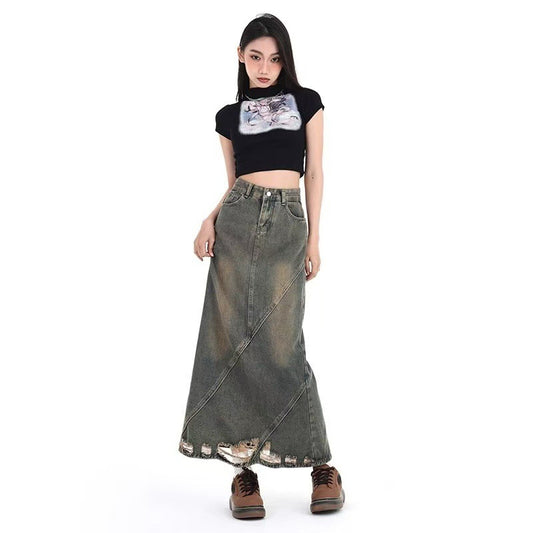 American Retro Make Old Ripped Denim Package Hip Skirt Women
