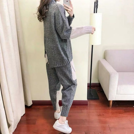 New Style Casual Suit Women Knitted Half Turtleneck Sweater Pants