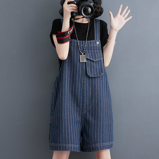 Summer New Large Vertical Stripe Denim Strap Shorts For Women