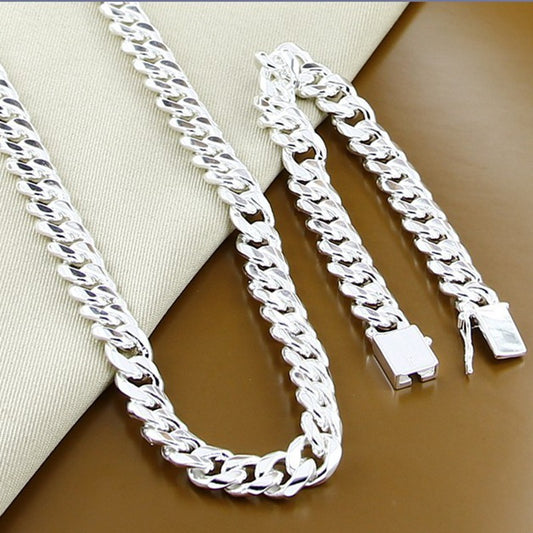Electroplating 925 Silver 10MM Square Buckle Necklace Bracelet Set