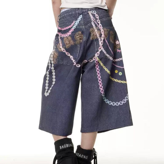 Retro Color Chain Printed Cropped Jeans For Women