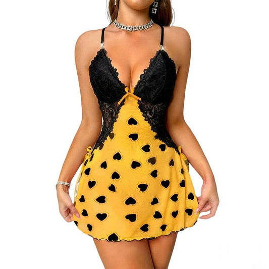 Valentines Day Heart-printed Sheer-soft Nightgown Camisole Dress