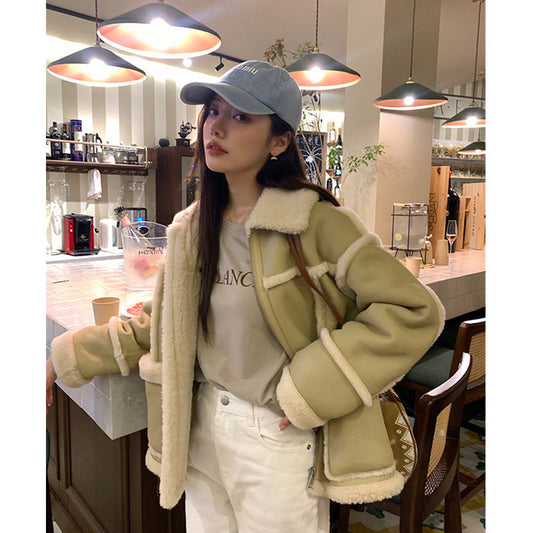 Lambswool Fashion Leather Coat Patchwork Short Section Women