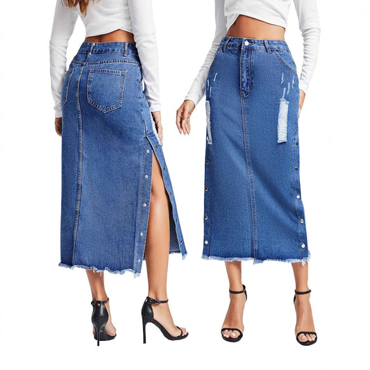 European And American Style Women Split Irregular Ripped Denim Skirt