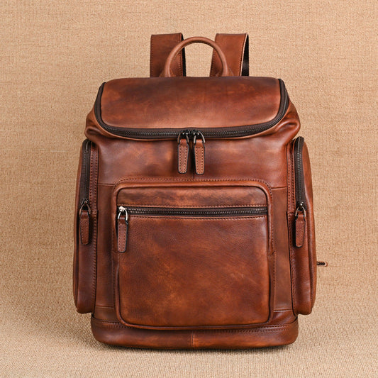 Genuine Retro Double-layer Cowhide Backpack For Men, Outdoor Leisure Travel Backpack