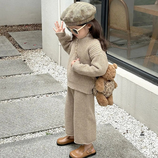 Girls Sweater Suit Sweater Knitted Wide-leg Pants