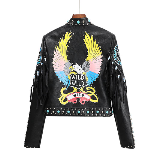 New Fashion Print Contrast Color Rivet Leather Jacket For Women