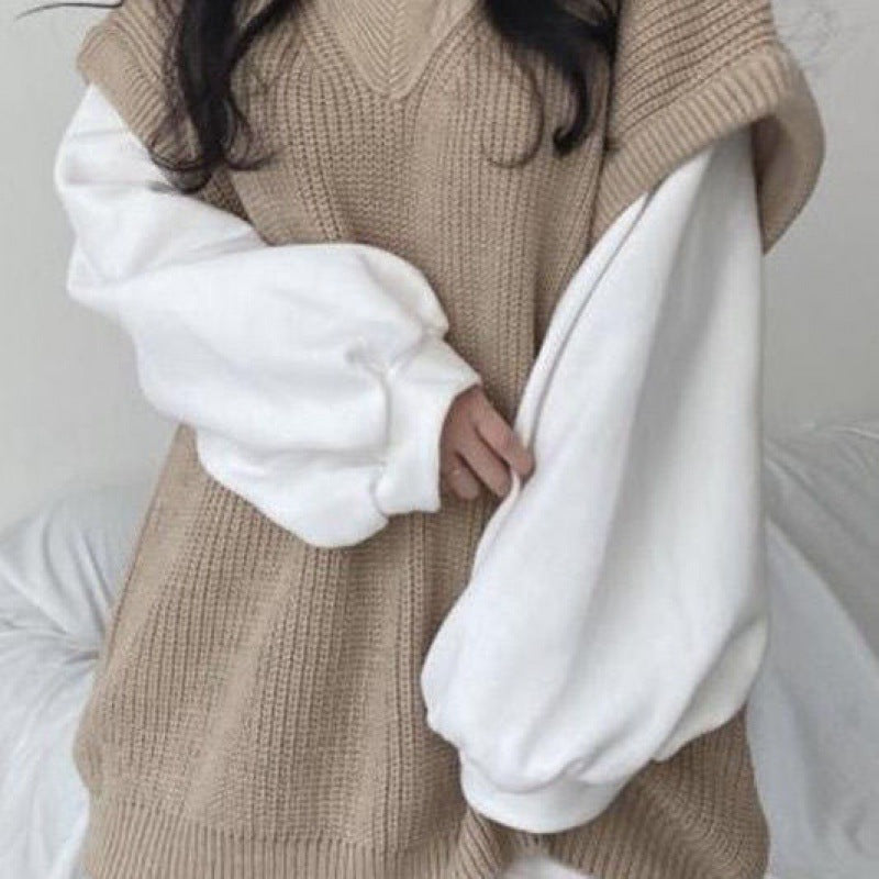 French Style Split Long Sleeve Top Plus Casual Knitted Sweater Vest For Women